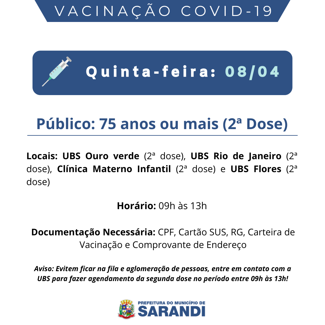 Cronograma de Vacinação contra Covid-19 - Quinta-feira - 08/04/2021